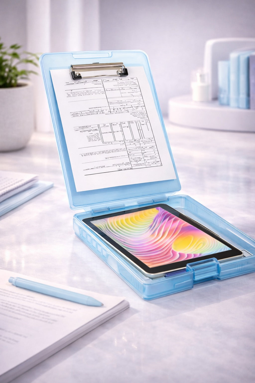 A4 Size Clipboard with Storage Box | 180° Foldable Exam Pad & Writing Board | Heavy Duty Plastic File Folder with Pen Holder & Paper Storage for Students, Office & Field Use (Light Blue)