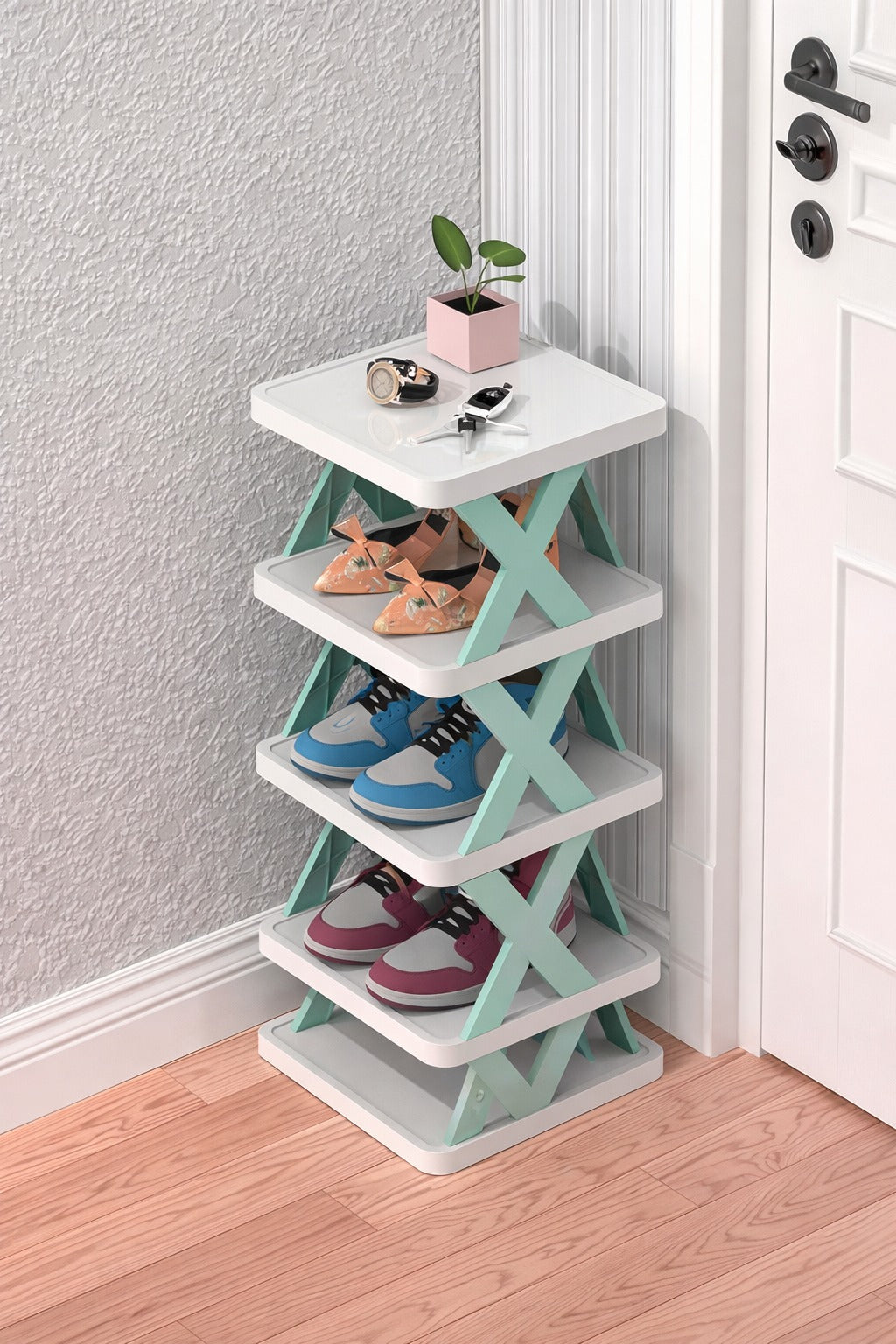 4 Layer Plastic Shoe Rack for Home Stackable & Adjustable Shoe Organizer Shelf for Entryway, Bedroom & Corner Use Space-Saving Foldable Stand with Book & Shoe Storage Slots (4-Layer)